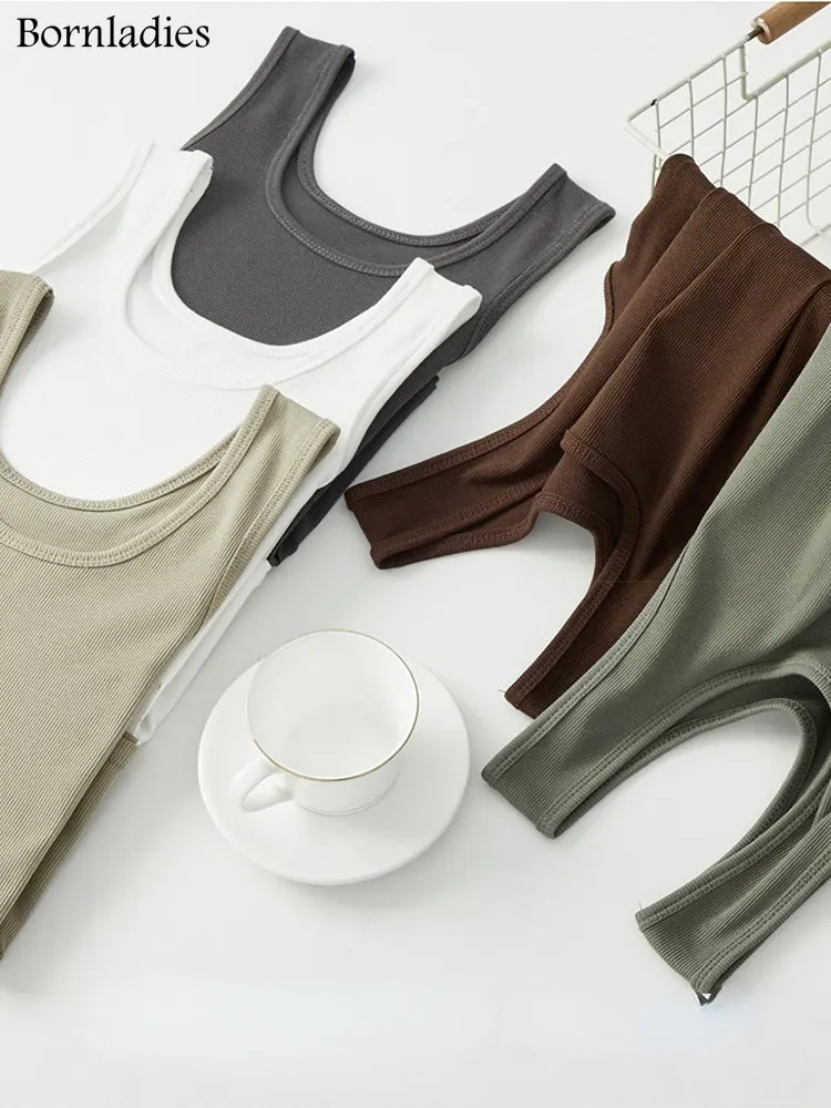 Bornladies Summer Ribbed Knitted Tank Tops Women Off Shoulder Crop Tops Basic Shirts Suspender Sport Vest Slim Y2k Tops New 2025