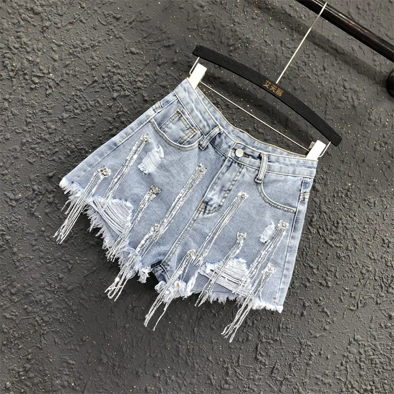 Chain Tassel Design Sense Ripped Burr Denim Shorts Women's Summer 2023 New Slimming Hot Girl Western Style Wide-Leg Pants