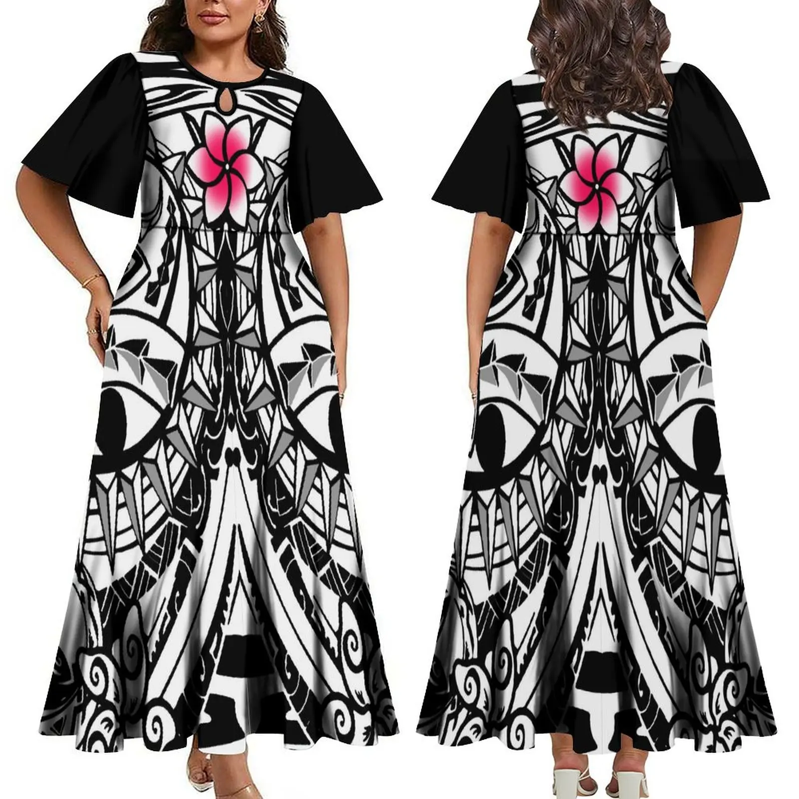 

Luxury Design Women'S Short Sleeve Dress Pacific Island Design Hawaiian Party Big Shot Long Dress Dinner Gown