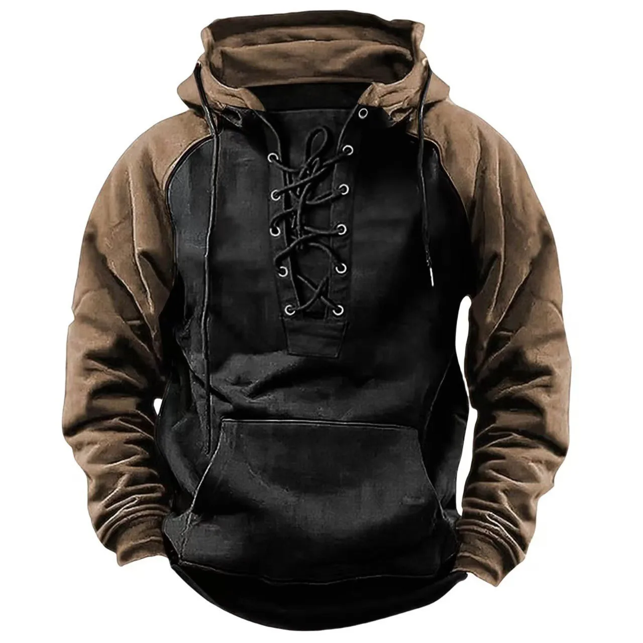 Spring And Autumn New Men's Hooded Solid Color Sweater Blue Sports Multi-Pocket Leather Sweater Tooling