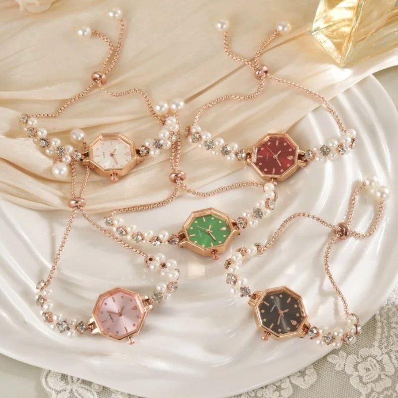 2025 Vintage Pearl Bracelet Women's Quartz Watch Luxury Gold Color Small Square Dial Ladies Wristwatch Gift
