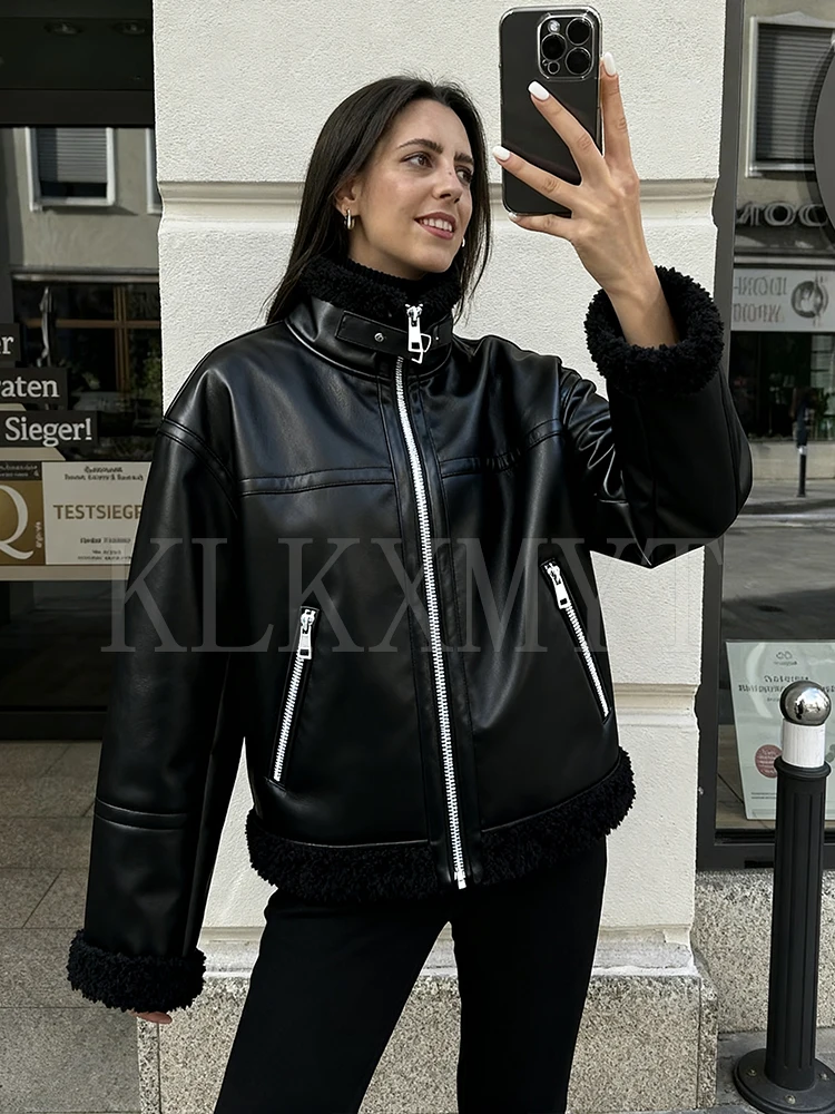 Chic Fashion Faux Leather Jackets for Women Zipper Long Sleeve Female Fleece Short Coats 2025 Winter Lady Casual New Outerwear ﻿