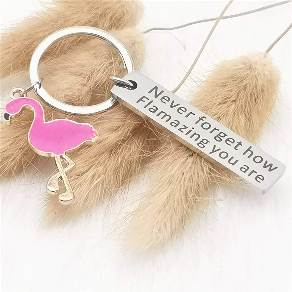 Motivational Flamingo Keychain - Stainless Steel "Never Forget How Flamazing You Are" Engraved Charm, Pink Keyring For Handbag Or Keys