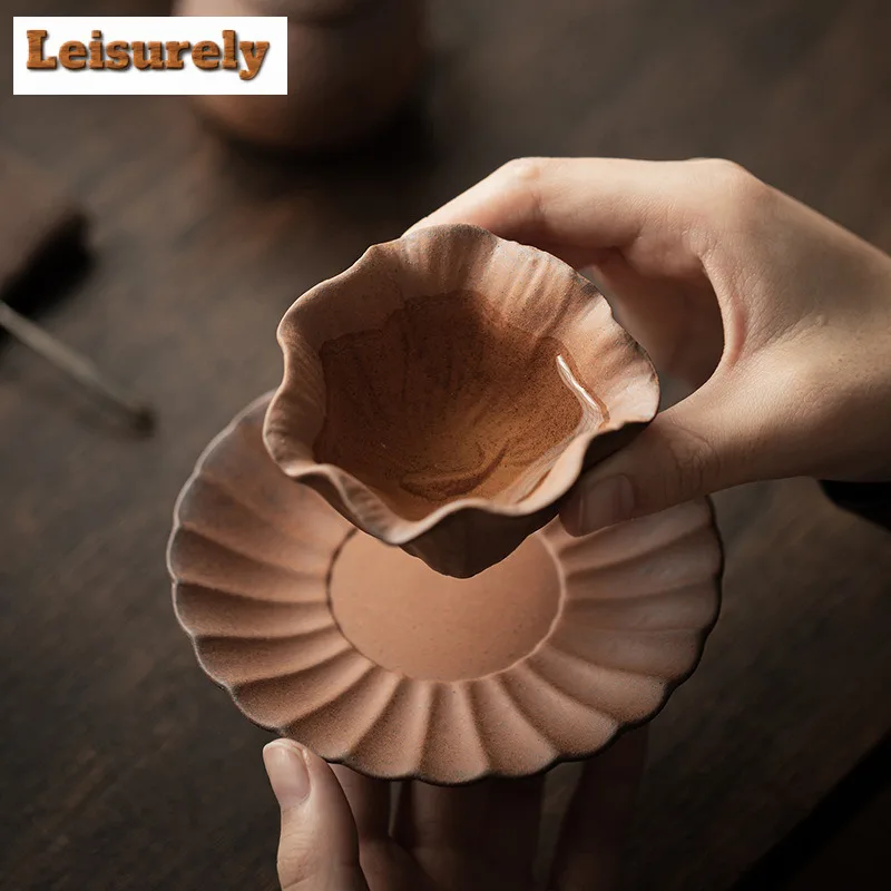 60ml Coarse Pottery Lotus Leaf Carp With Coaster Teacup Zen Tea Bowl Jug Tea-tasting Fragrance Cup Chazhan Master Cups For Tea