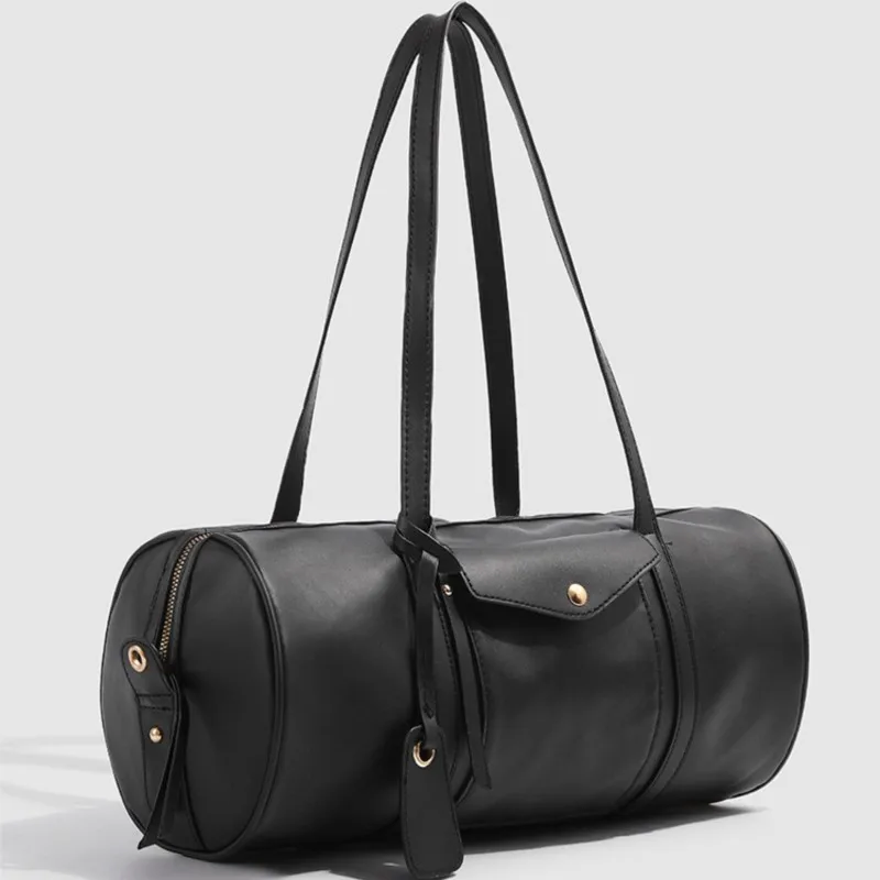 Retro Black Shoulder Bag For Women Zip Cylinder Leather Large Capacity Handbag Ladies Fashion Simple Versatile Crossbody Bag New