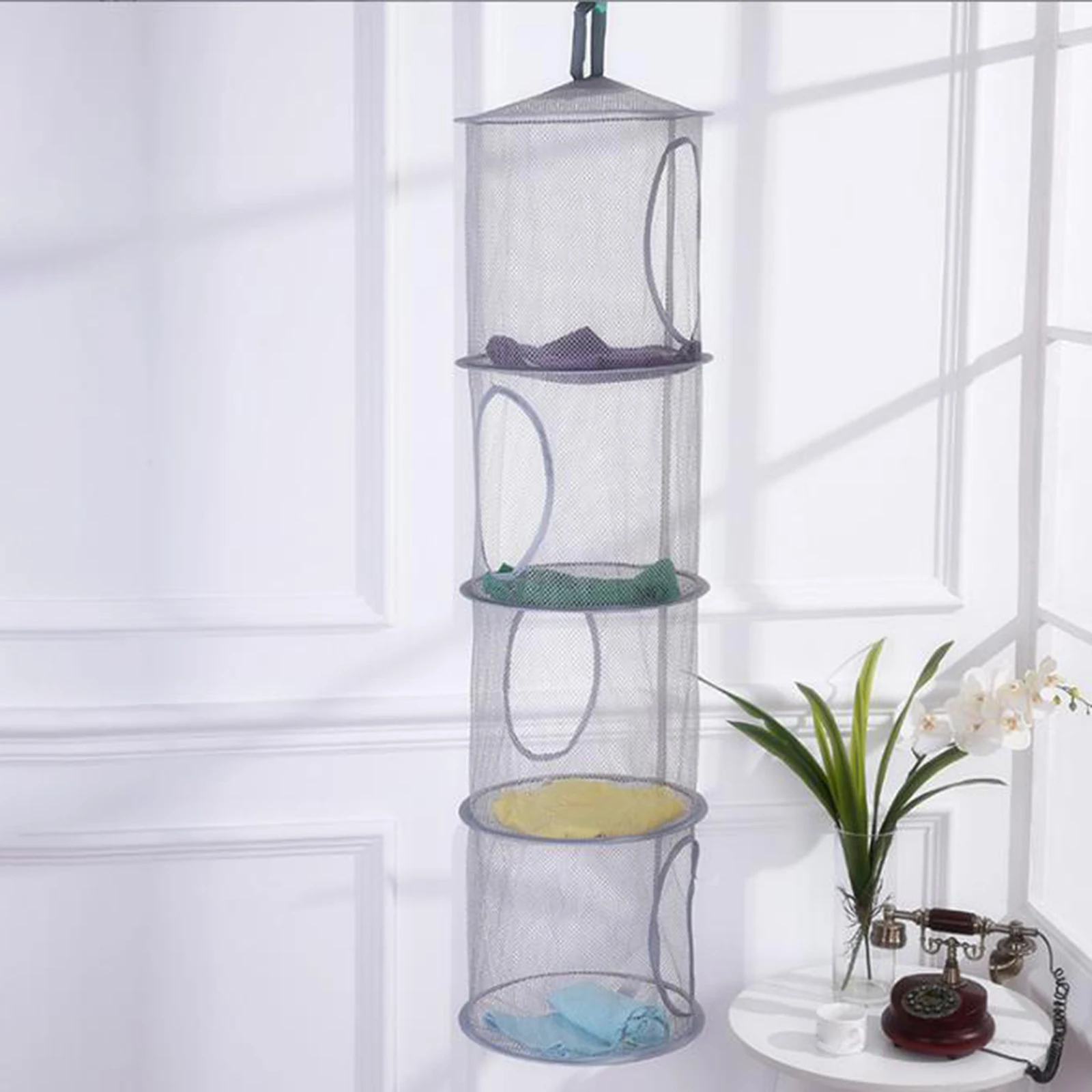 Foldable Hanging Mesh Storage Organizer Net Drying Basket Strong Hanging Space Saver  for Bathroom  Bedroom Wardrobe Household