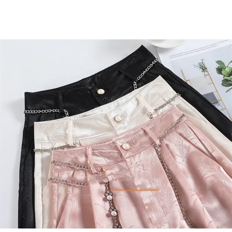 Spring Autumn Women's Button Zipper High Waist Solid Chiffon Printed Geometric Shaped Wide Legs Casual Trousers Elegant Pants
