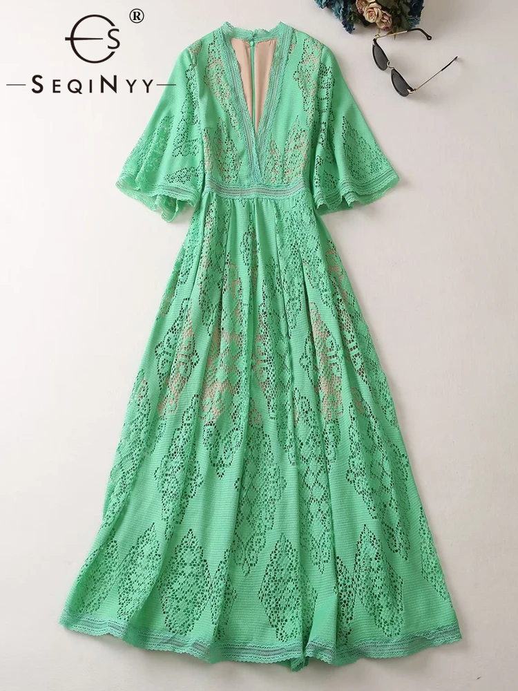 

SEQINYY Green Midi Dress Summer Spring New Fashion Design Women Runway Flare Sleeve High Street Hollow Out Lace A-Line Casual
