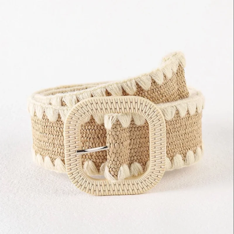 

CONTRAST BINDING STRAW BELT for Women Contrast Square Buckle Beige Straw Belt Two Tone Summer Clothing Accessories Boho Chic Gif