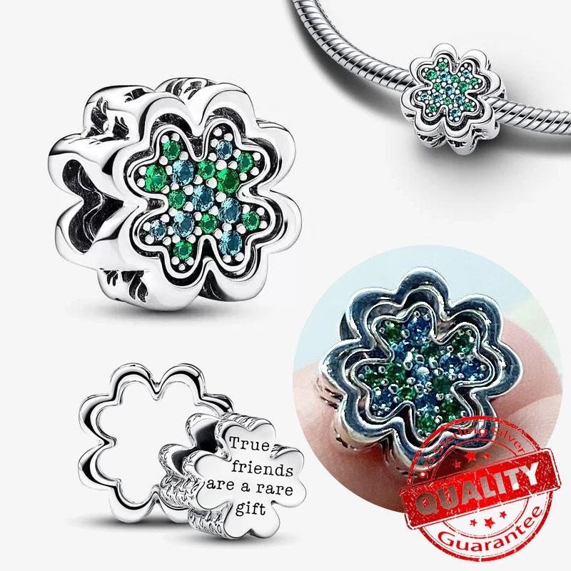 

100% Pure Silver Splittable Four Leaf Clover Charm Blue Green Zircon Lucky Dangle Beads S925 Fit Bracelet Friend Birthday Gift