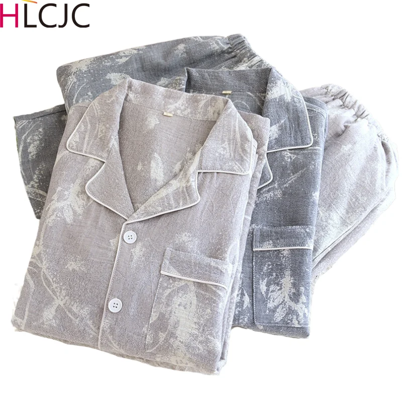 

Осенний жаккардовый пижамный комплект из хлопка и крепа, окрашенный в пряжку, Мужская одежда для отдыха с длинным рукавом и чернильным принтом, повседневная одежда для сна для мужчин на все сезоны