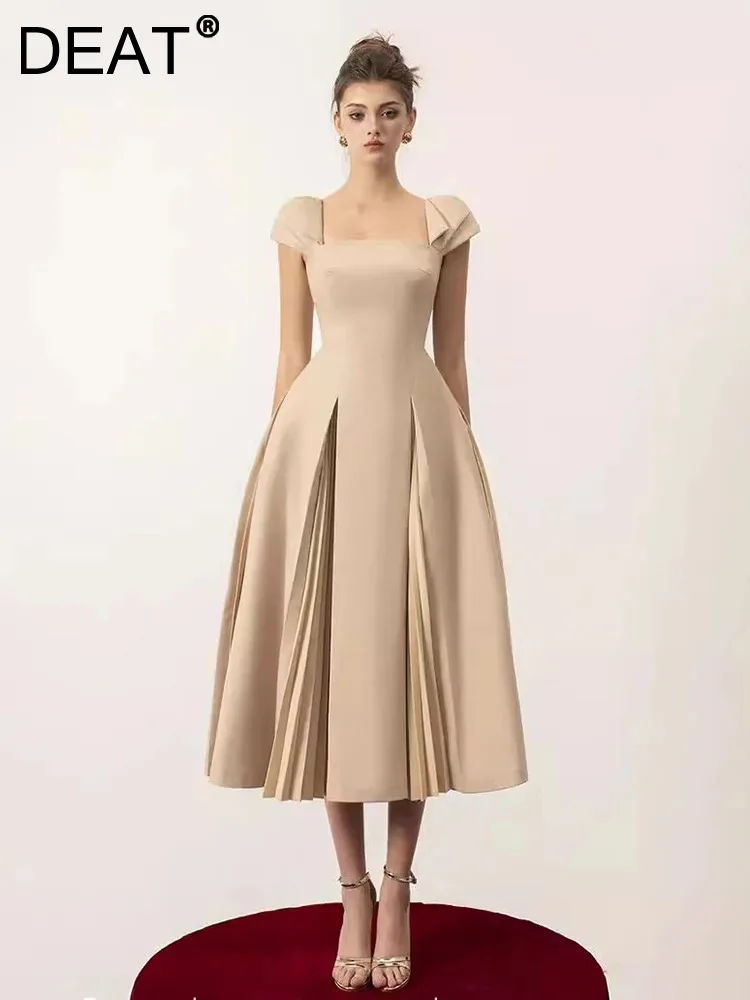 

DEAT Women's Fashion Evening Dress Backless Pleated Square Collar Splice Short Sleeve Elegant Dresses Summer 2024 New 13DB7080