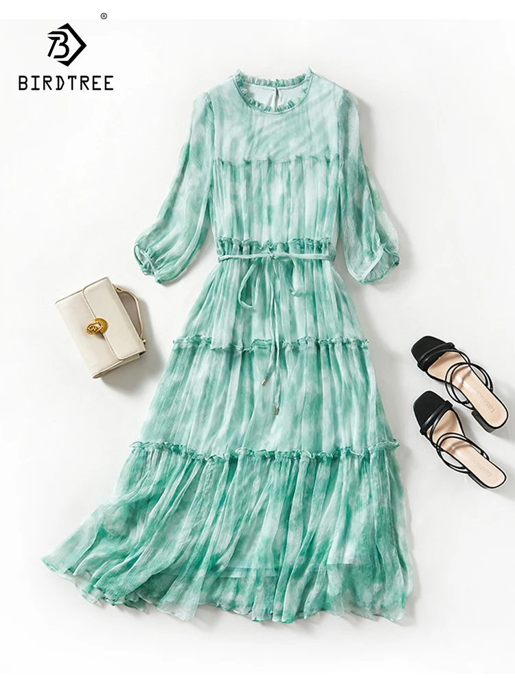 

Birdtree 100%Mulberry Silk Holidays Party Dress Women Long OL Elegant Style Round Neck Dresses 2024 Spring Summer New D41302QC