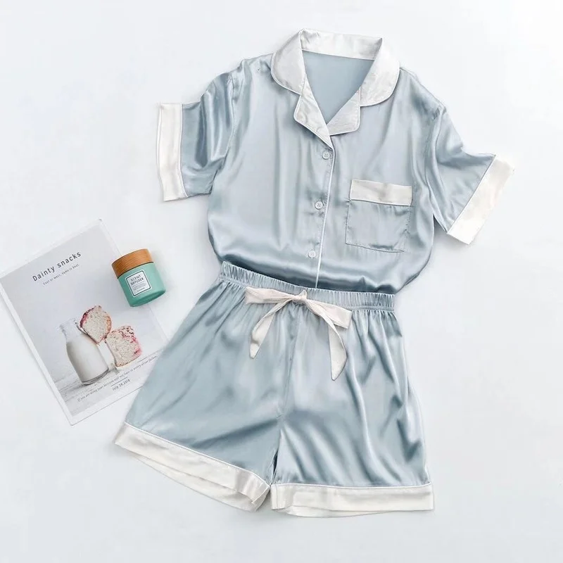 Silk Pajamas Women's Summer Short-sleeved Shorts Suits Thin Korean Girl Temperament Breathable Ice Silk Women's Luxury Home Wear couple pajamas women s summer ice silk thin section blue short sleeved new summer shorts suit men s pajamas silk home service