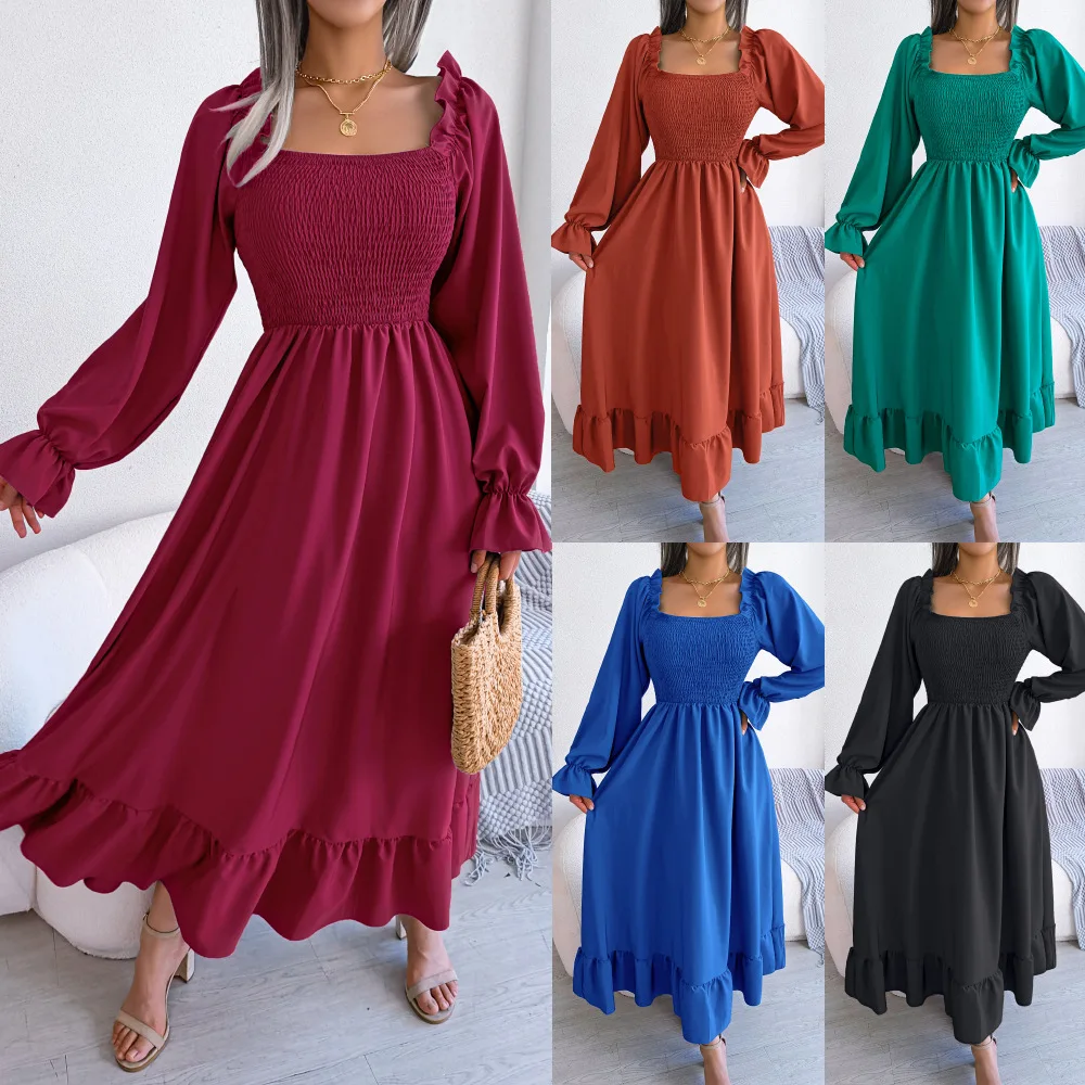 

2023 New Fashion Square-necked Flared Skirt with Flounces Summer Dress Women Maxi Dress Beach Dress Black Dress Robe