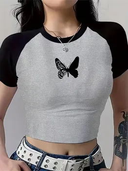 butterfly Print Cropped T-shirt Women'S Graphic Design Crop Top T-Shirt Y2K Style Short Sleeve Casual Summer Top Tee Fashion
