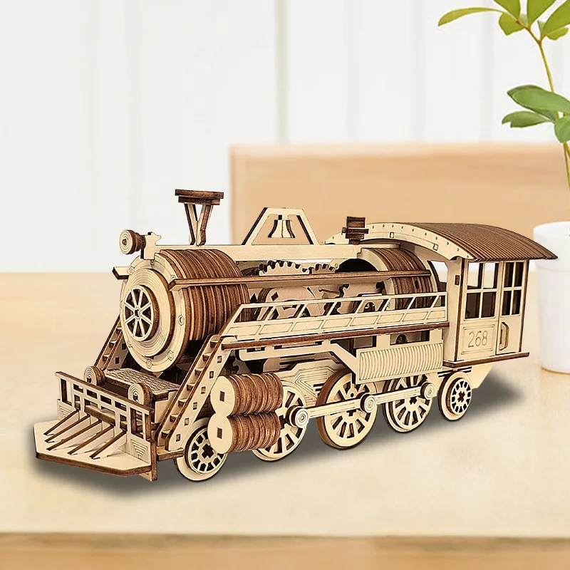 3D Wooden Puzzle Mechanical Transmission Steam Train Model  DIY Assembly Toy Jigsaw Model Building Kits 2gt bf type synchronous pulley belt kit 40teeth 80teeth 1 2 reduction ratio mechanical transmission assembly bandwidth 6mm