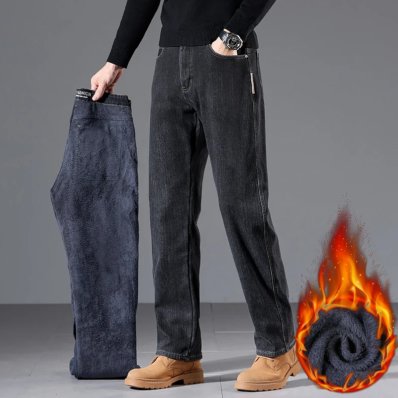Winter Fleece Loose Jeans Men Classic Straight High Quality Thicken Warm Velvet Trousers Business Casual Brand Denim Pants 3