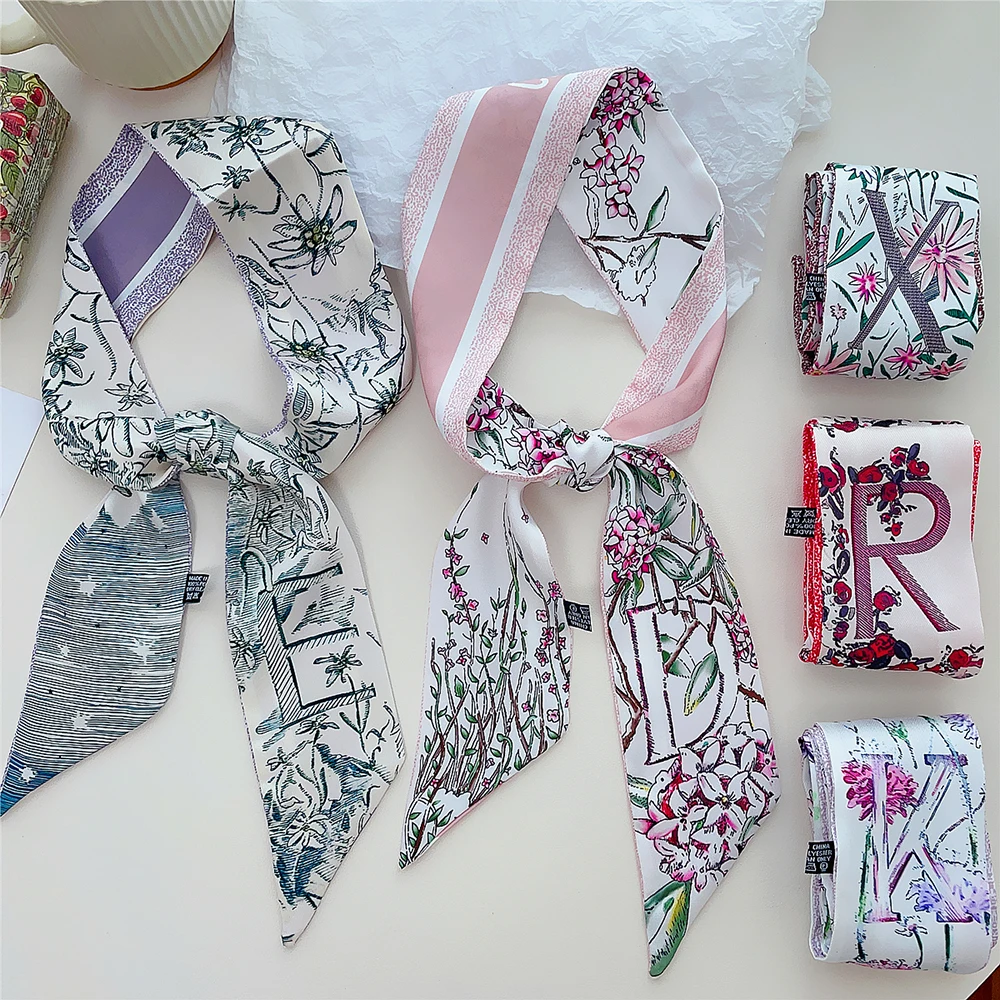 Korean 2024 Summer New Tarot Brand Plant Flower 26 Letter Women's Decoration Twill Streamer Silk Scarf Tie Bind a bag Ribbon 6