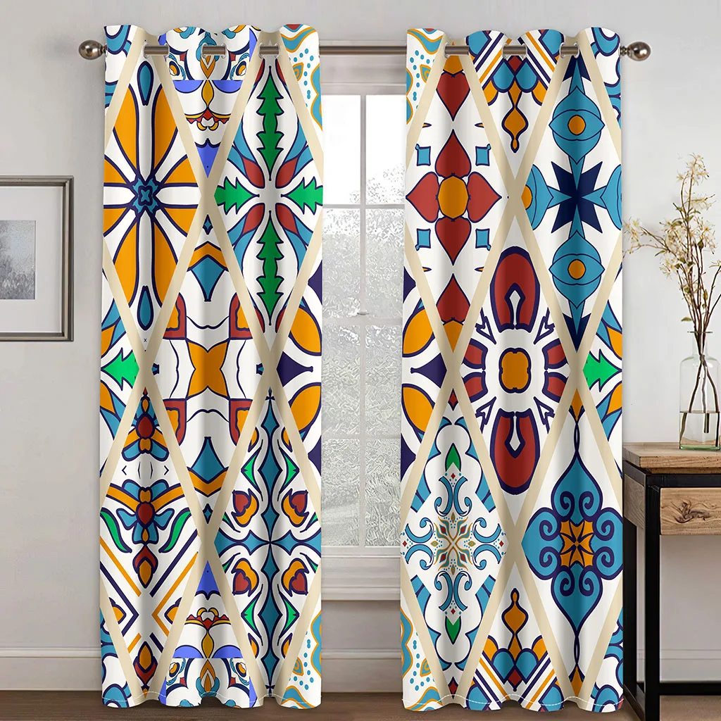 

Bohemian Curtains for African Spanish Women's Bedroom Living Room Window Colorful Geometric Print Curtains 2Panels cortinas