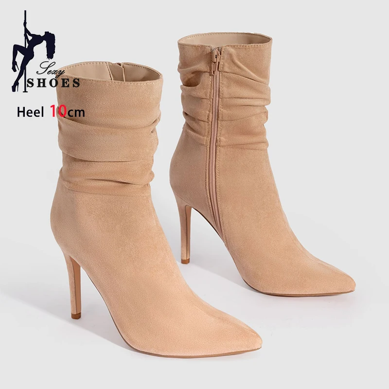 Fashion Pleated Women's Ankle Boots Faux Suede Pointed Toe Female Shoes 2025 Spring Autumn New Party Short Boots Zip High Heels