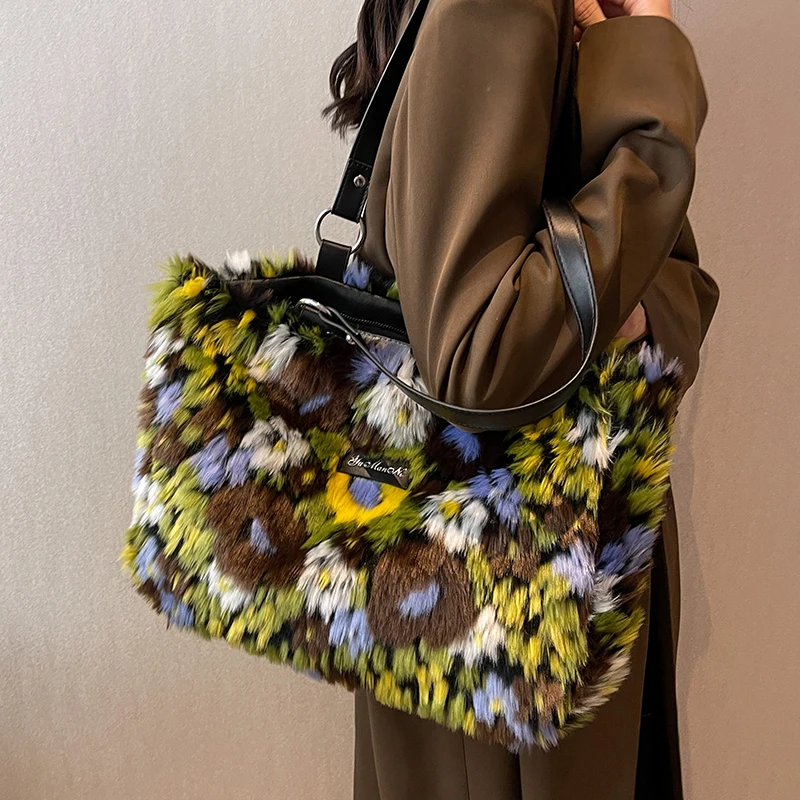 Design Oil Painting Plush Handbag Female New Autumn Winter Fashion Shoulder  Underarm Bag All-match Large Capacity Tote Bags - AliExpress