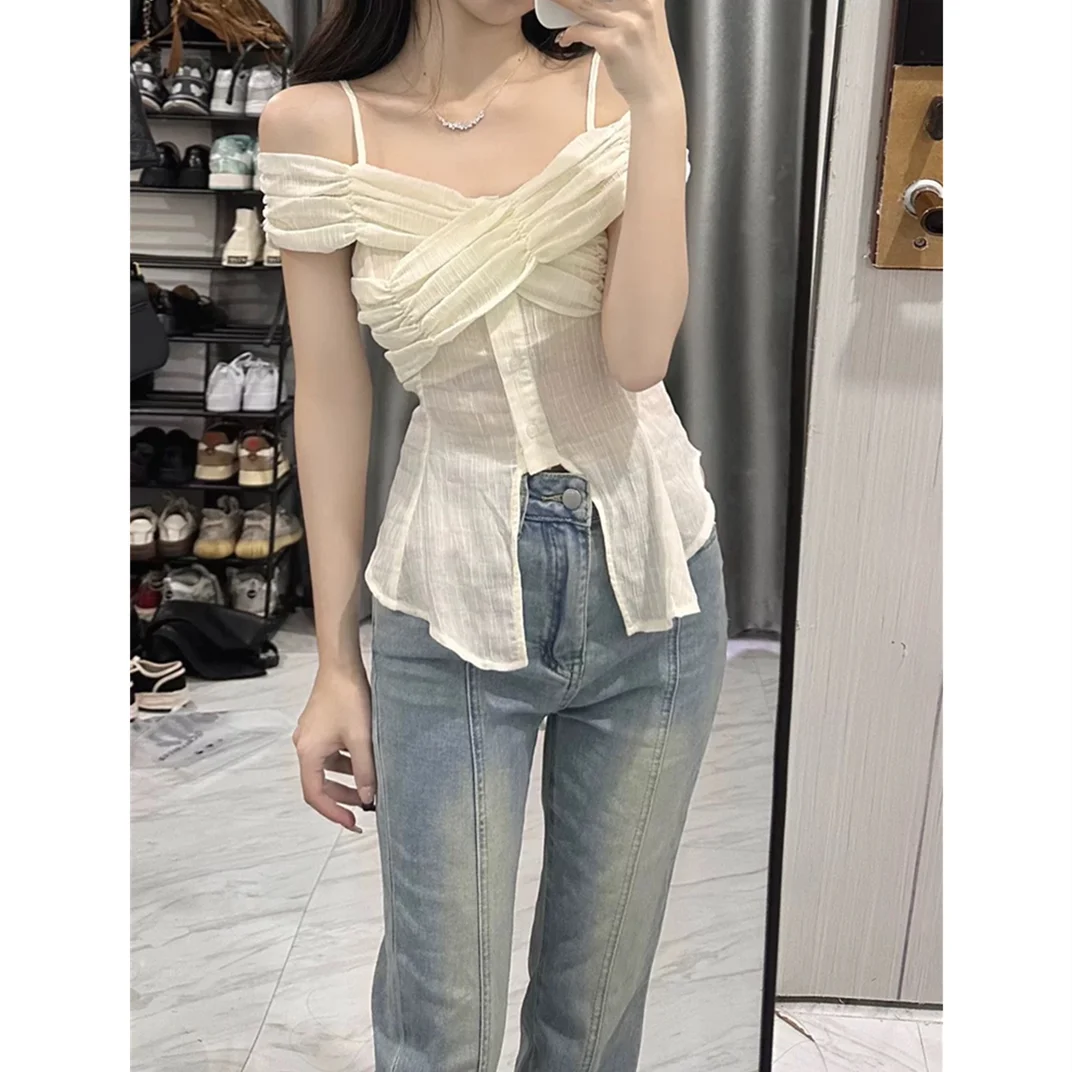

Summer Short Sleeve T Shirt Women's Off Shoulder Cross Fold Top Design Sense Korean Fashion Perspective Shirt Slim Tops