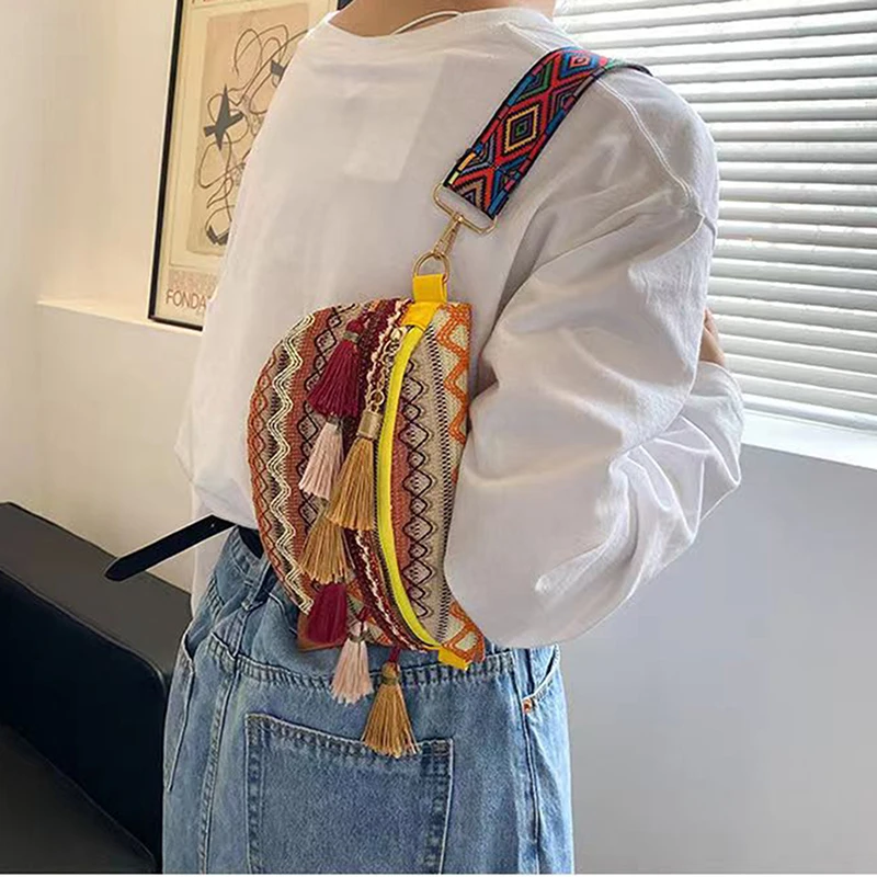 

Women Folk Style Waist Bags with Adjustable Strap Variegated Color Fanny Pack with Fringe Decor Crossbody Chest Bags пояс сумка