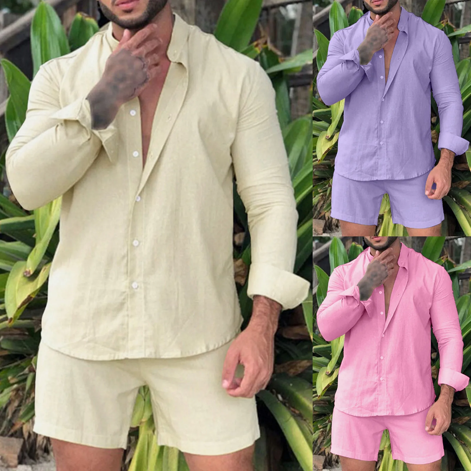 

Summer Brand Men Sets Fashion Linen Cotton Long Sleeve Button Shirts + Beach Casual Shorts Sports Suit Daily Tops Male Outfits