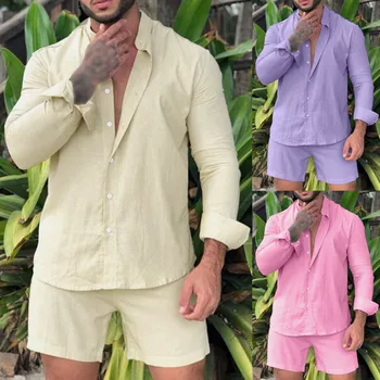 Angyfit  Men Sets  Linen Cotton Long Sleeve Button Shirts  1