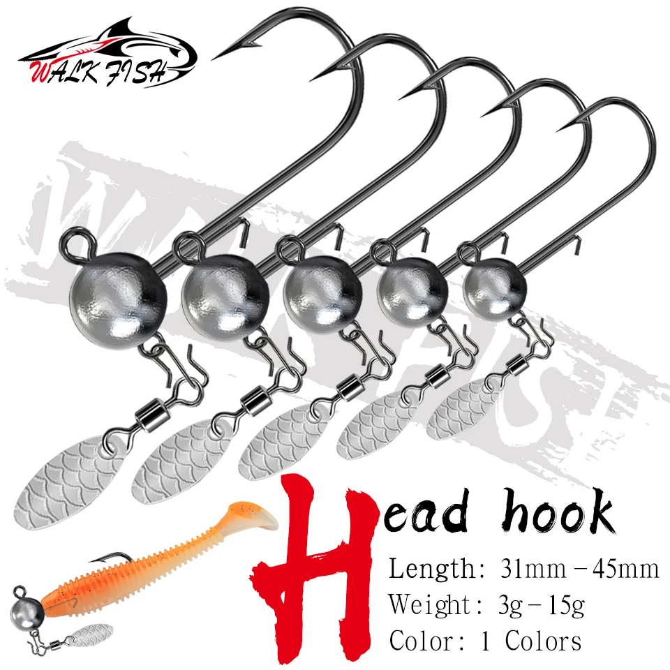WALK FISH 5Pcs Runde Ball Jig Kopf Angelhaken 3g 5g 7g 10g 15g mit Melone Samen Pailletten Blei Haken Für Weiche Wurm Angelgerät