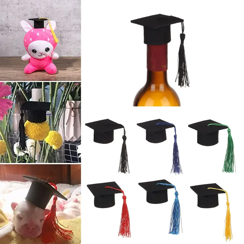 6Pcs Fashion Mini Graduation Hat Doctoral Cap Costume Top Hat With Tassels DIY Doll Decor Flowers Wine Bottle Dolls Decoration