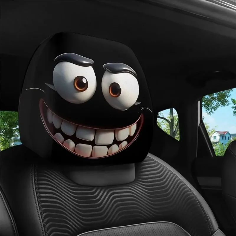 2-Pack Smiley Face Car Pillow Covers - Soft Polyester Headrest Covers with Fun Print, Machine Washable for Seat Decoration