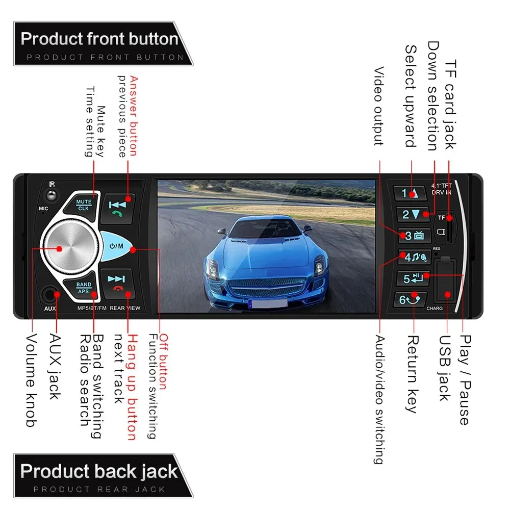 Car 4.1 inch High definition Large Screen Wireless Hands free Car MP5 Player Plug in Card U Disk Radio Mobile Phone Interconnect