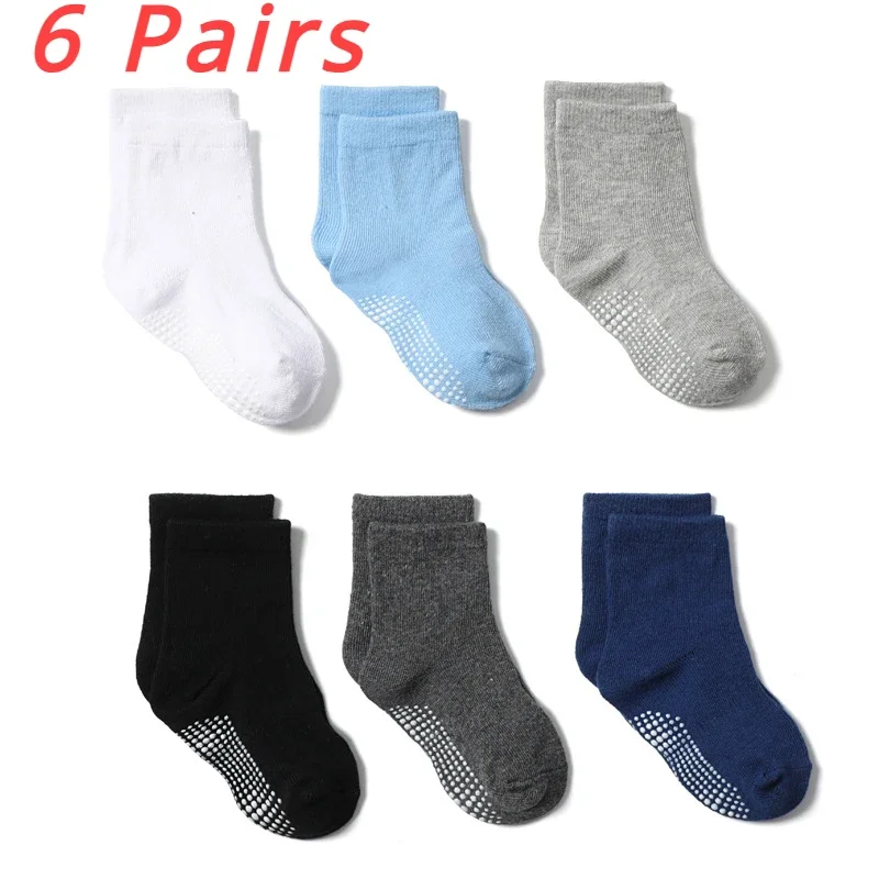 

6 Pairs 0-7 Years Old Kids Socks Girls Boys New Born Baby Socks Grip Non-slip Mid Tube Floor Socks Anti-slip Cute Solid Color