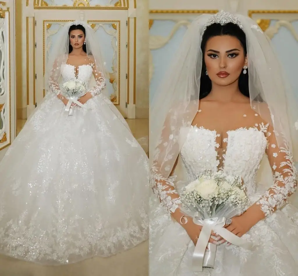 

Beautiful Scoop Neck Dubai Arabic Middle East Ballgown Wedding Dresses Court Train Long Sleeves Puffy Princess Bridal Gowns