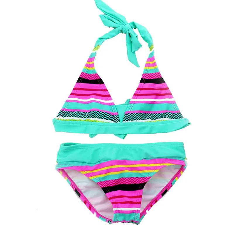 Summer 8-16Y teen Girls Close-fitting Elastic Stripe Swimsuit Girls Split Two-pieces Swimwear Children Stripe Bikini Sets girls swimsuit