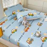 Cute Cartoon Car Fitted Sheet with 2 Pillow Case Cotton Lovely Vehicle Cars Bed Sheet Set for Kids Boys Light Blue Bed Cover 3