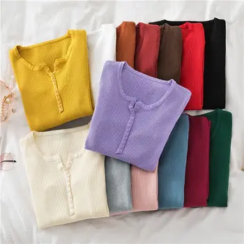 Zjaiss Women Basic Slim Pullover Autumn Winter 2025 Button V Neck Sweater Women Solid Sweaters Knit Jumper Soft Warm Pullovers