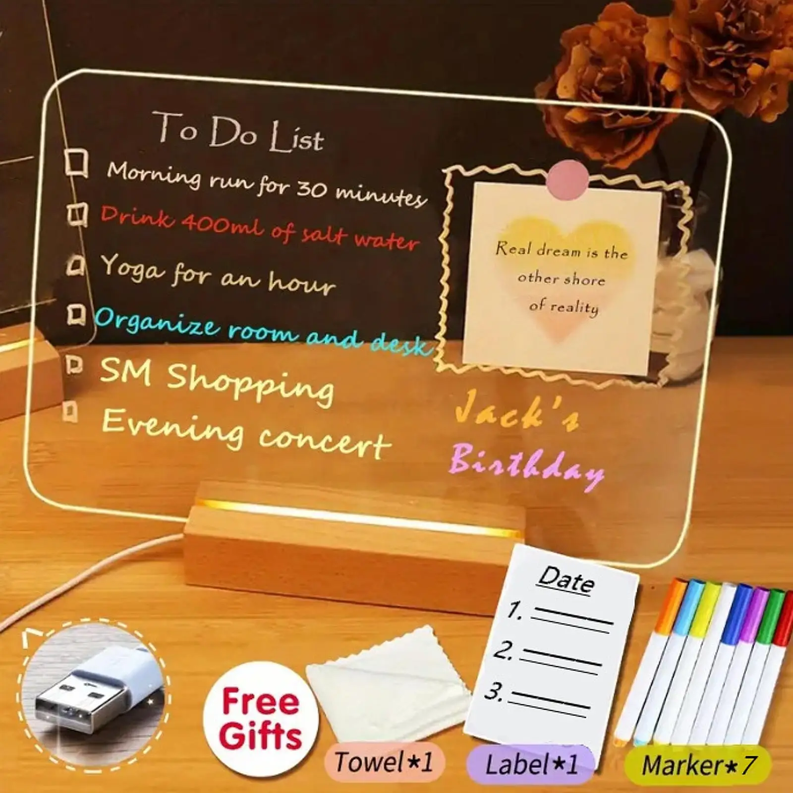 Acrylic Drying Erase Board Bright LED Light Display Planner Board Handwriting Desktop DIY Lamp for TV Cabinet Office Dining Room