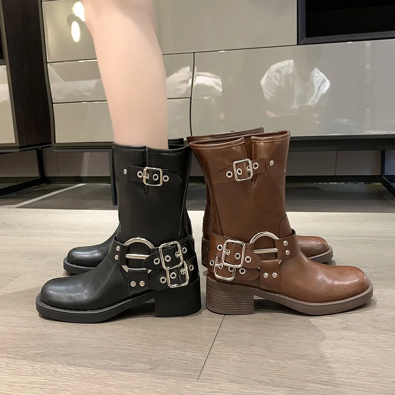 High Quality Ladies Shoes 2026 Autumn Winter New Women's Western Cowboy Boots Retro Brown Belt Buckle Round Head High Boots