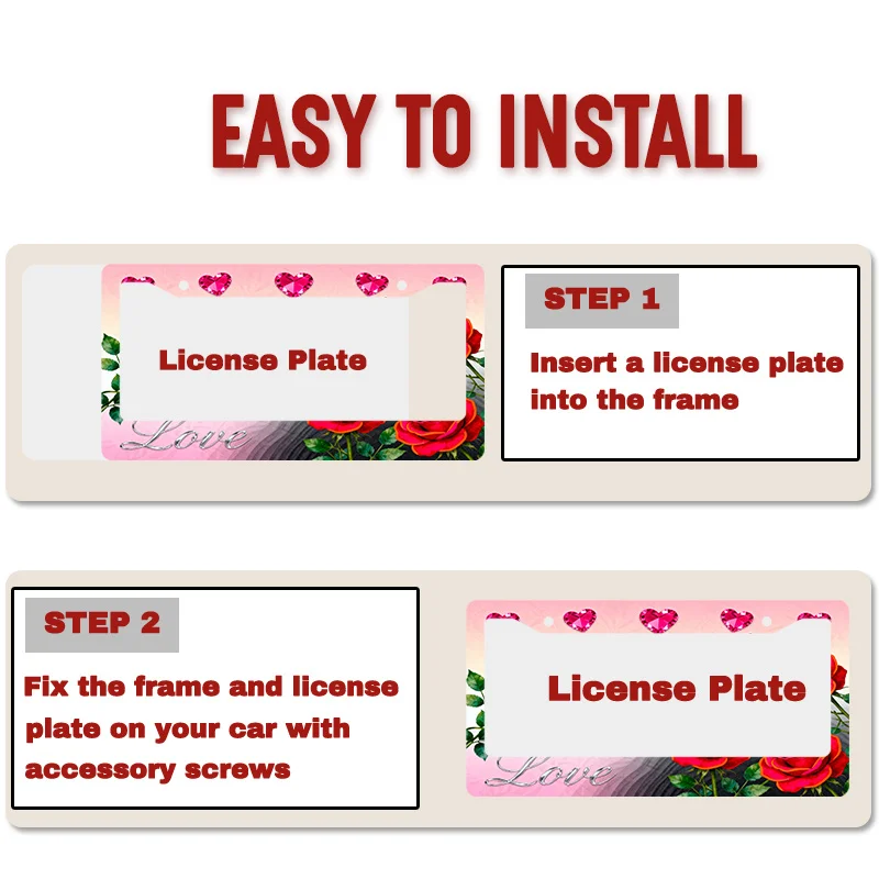 1개입 금속 번호판 프레임 발렌타인 로즈 디자인 호환 국제 차량용 고강도 녹 방지 UV 저항성
