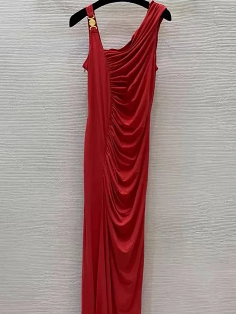 فستان حرير طويل مطوي بكتف واحد