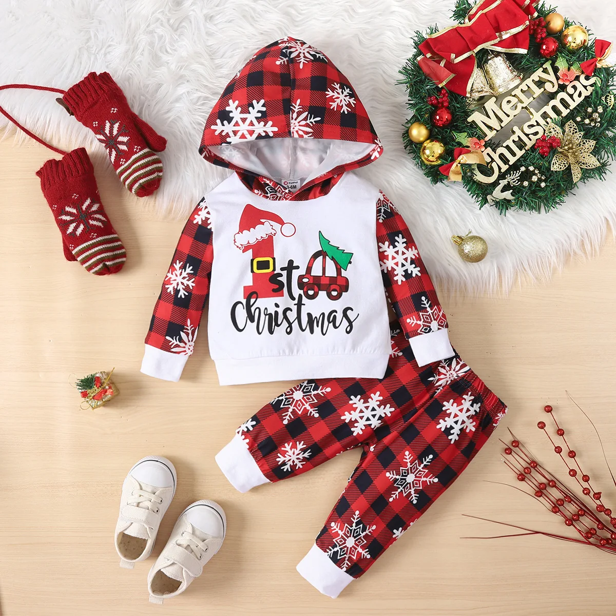 

3-24M My First Baby Christmas Outfits Baby Girls Clothes Hooded Top+Red Plaid Snowflake Pants 2024 Toddler New Year Costume Kids