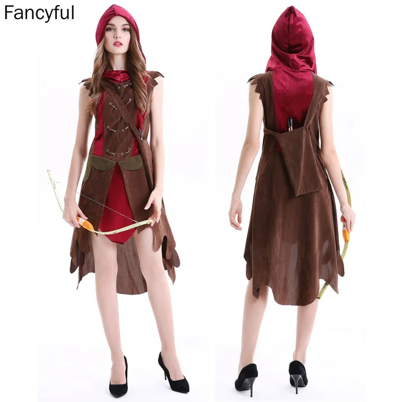 Vintage Huntress Costume Forest Hunter Little Red Riding Hood Robin Hood Cosplay Dress Outfit Abbigliamento Per Donna Halloween