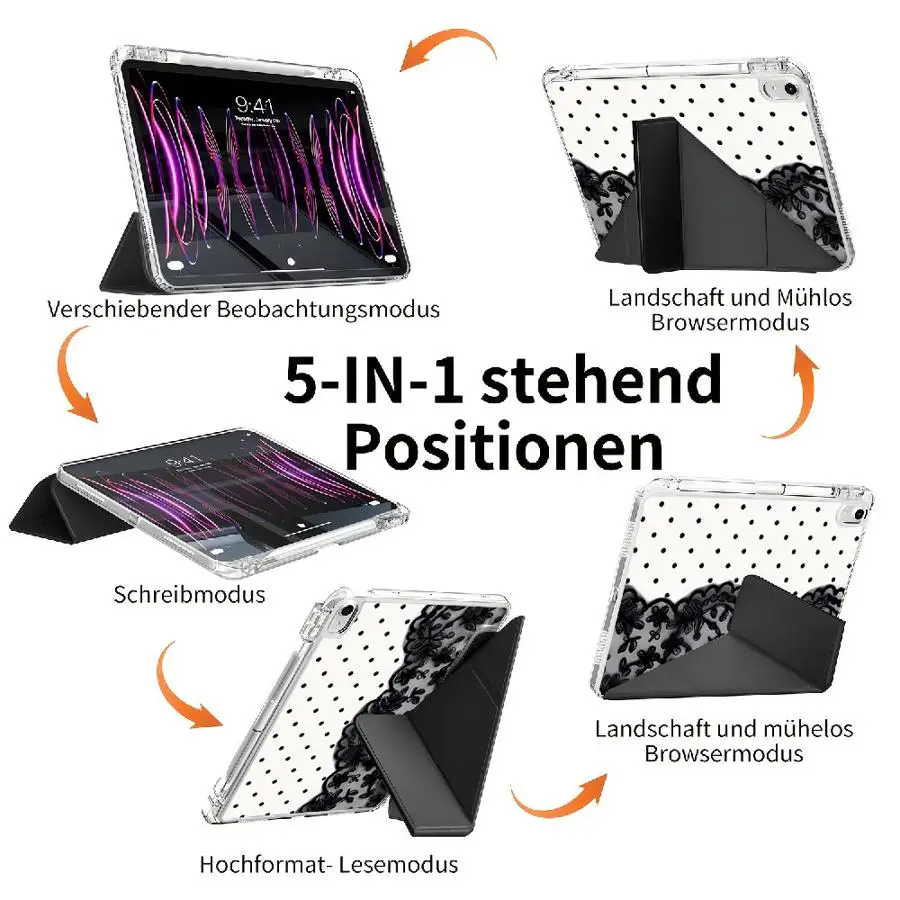 Elegant Black Lace Print Tablet Case with Pen Slot