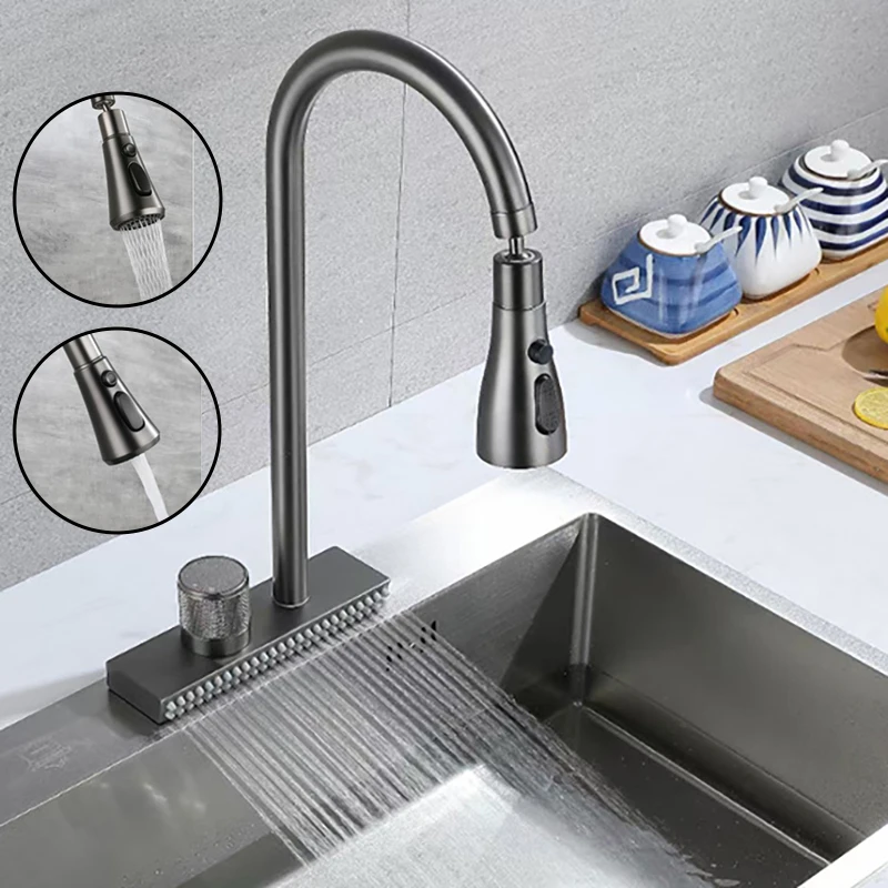 

Waterfall Sink Kitchen Faucet Hot Cold Mixer Wash Basin Multiple Water Outlets Rotation Flying Rain Tap Single Hole Black Grey