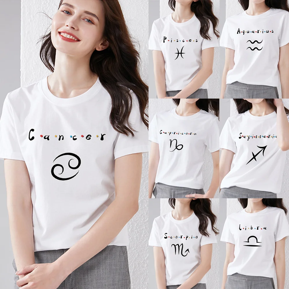 

Women's Clothes T-shirt Sweet Style Casual Round Neck Slim Twelve Constellation Series Printed Top Soft Comfortable Short Sleeve