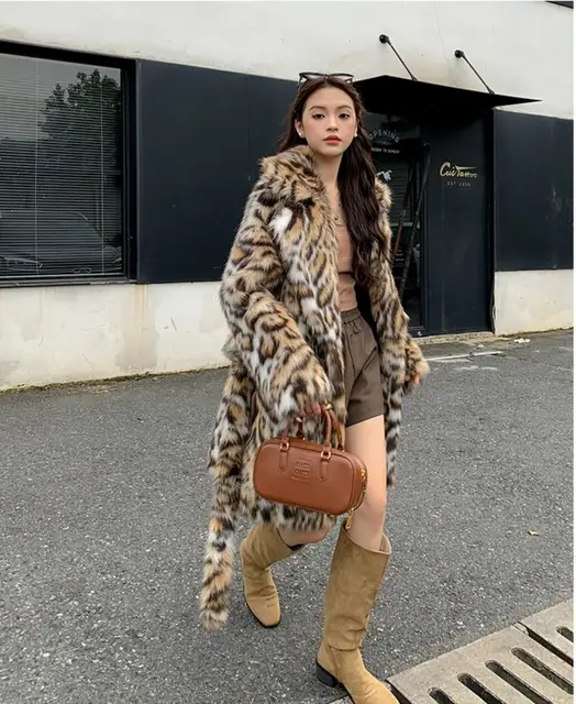 High quality Winter Animal Leopard Faux Fur Extra Long Coat Full Sleeve  Loose Warm Shaggy Jacket Loose Outerwear