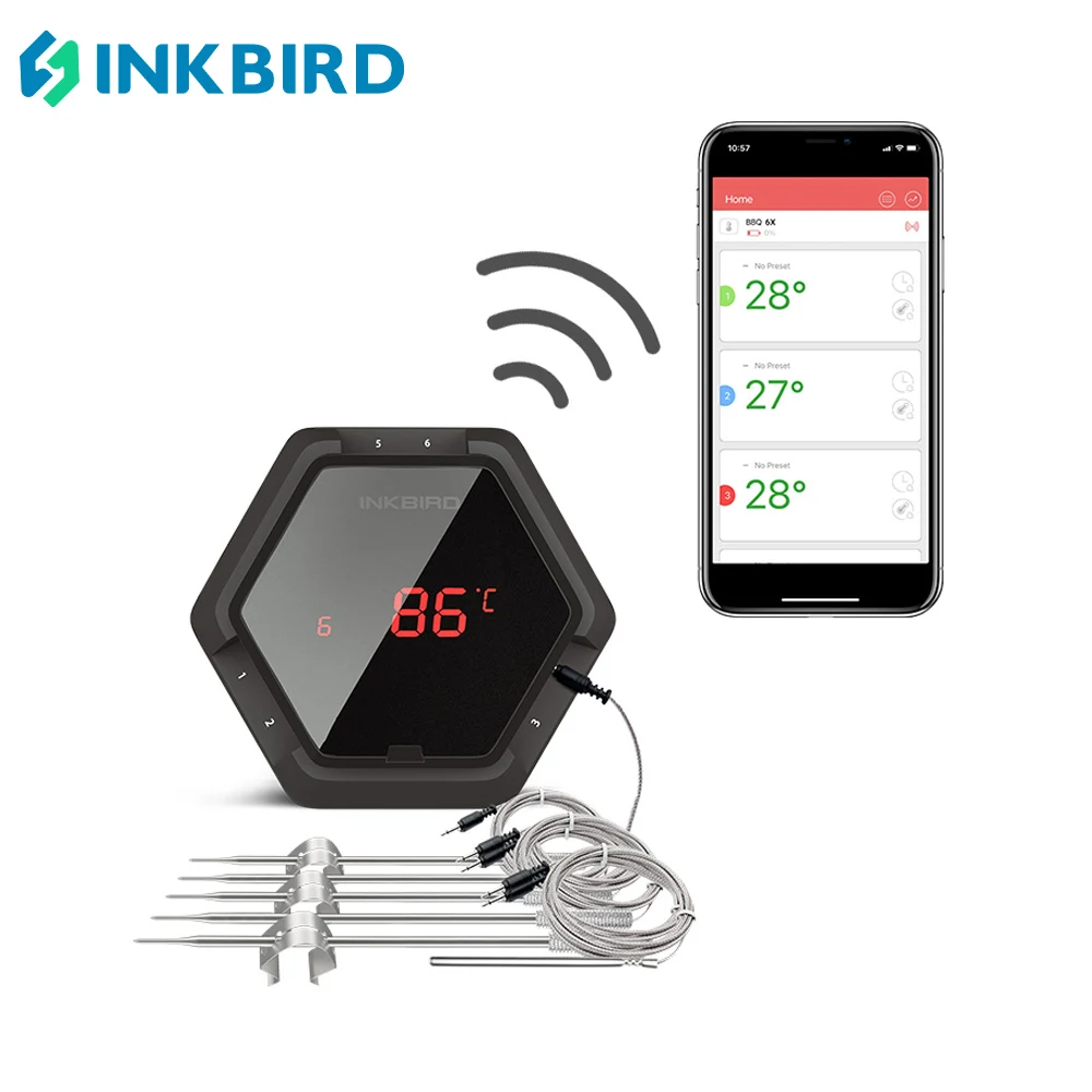 

INKBIRD Grill Thermometer IBT-6XS with 6 Probe 150ft Bluetooth Thermometers Magnet 1000mAh Li-Battery & USB Charging Timer Alarm
